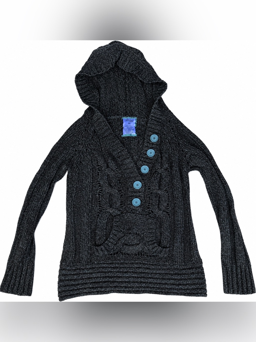 Vanity Y2K Hooded Cable Knit Sweater XL Green Teal Buttons Fairy Grunge